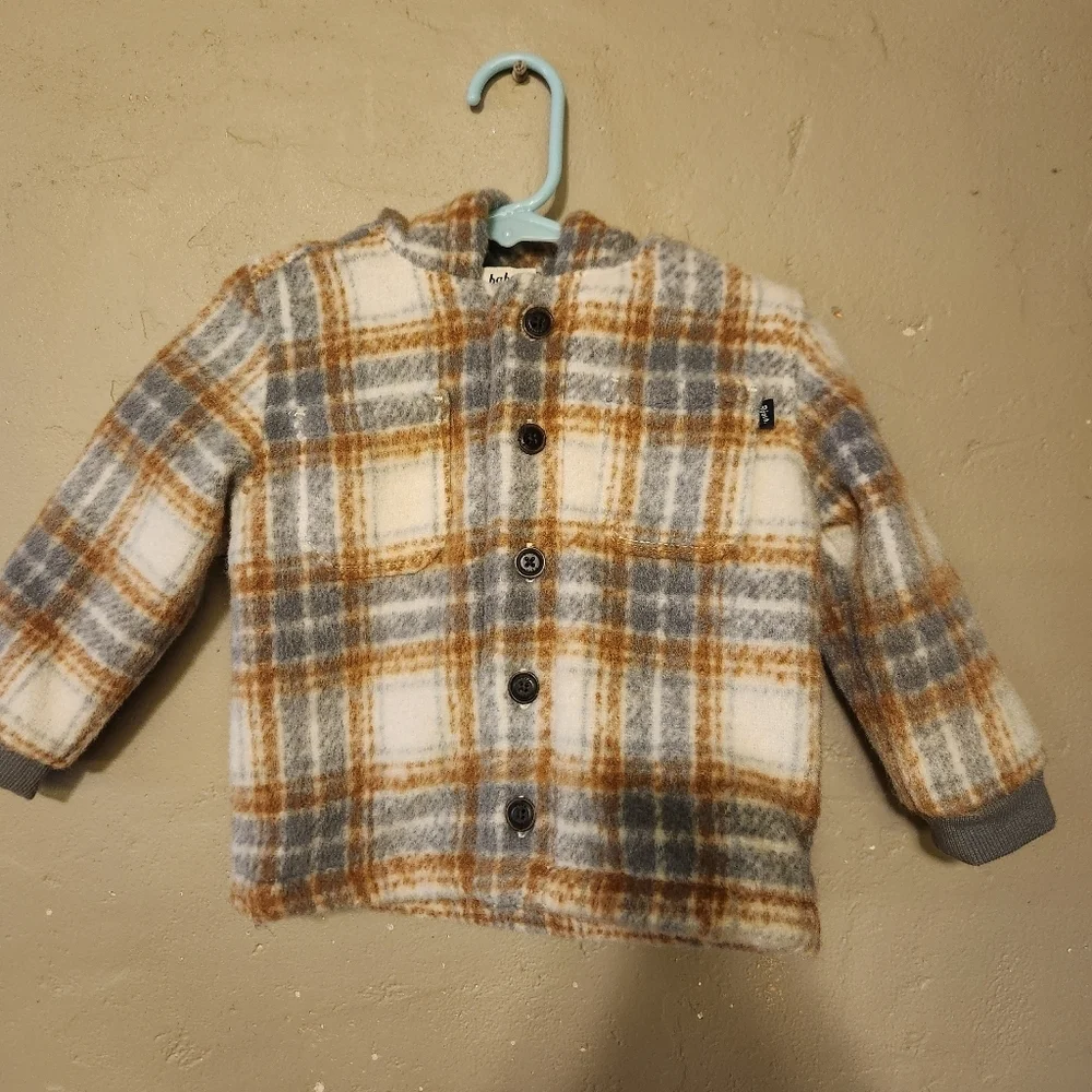 Baby B'Gosh Jacket 18 Months Hooded Plaid Fleece Flannel Button Tan Blue Cream